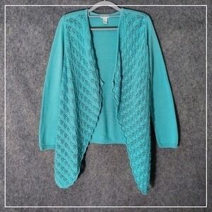 Chicos Cardigan 1 M Blue Crochet Open Front Cascade Long‎ Sleeve Coastal Resort